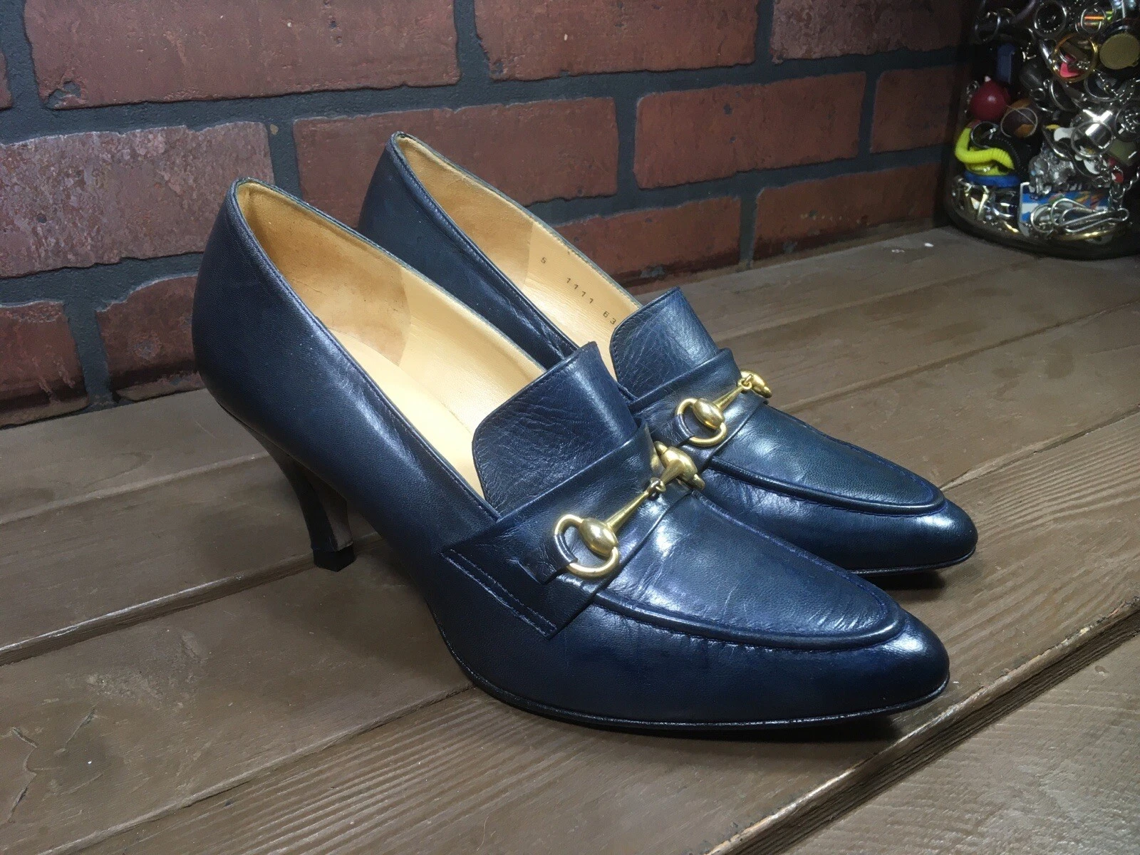 Authentique Gucci Escarpins Cuir Bleu Or Horsebit Chaussures à Talons ITALIE Femme Taille 5 US