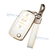 White TPU Full Cover Flip Key Fob Holder w/keychain For Volkswagen Skoda Seat