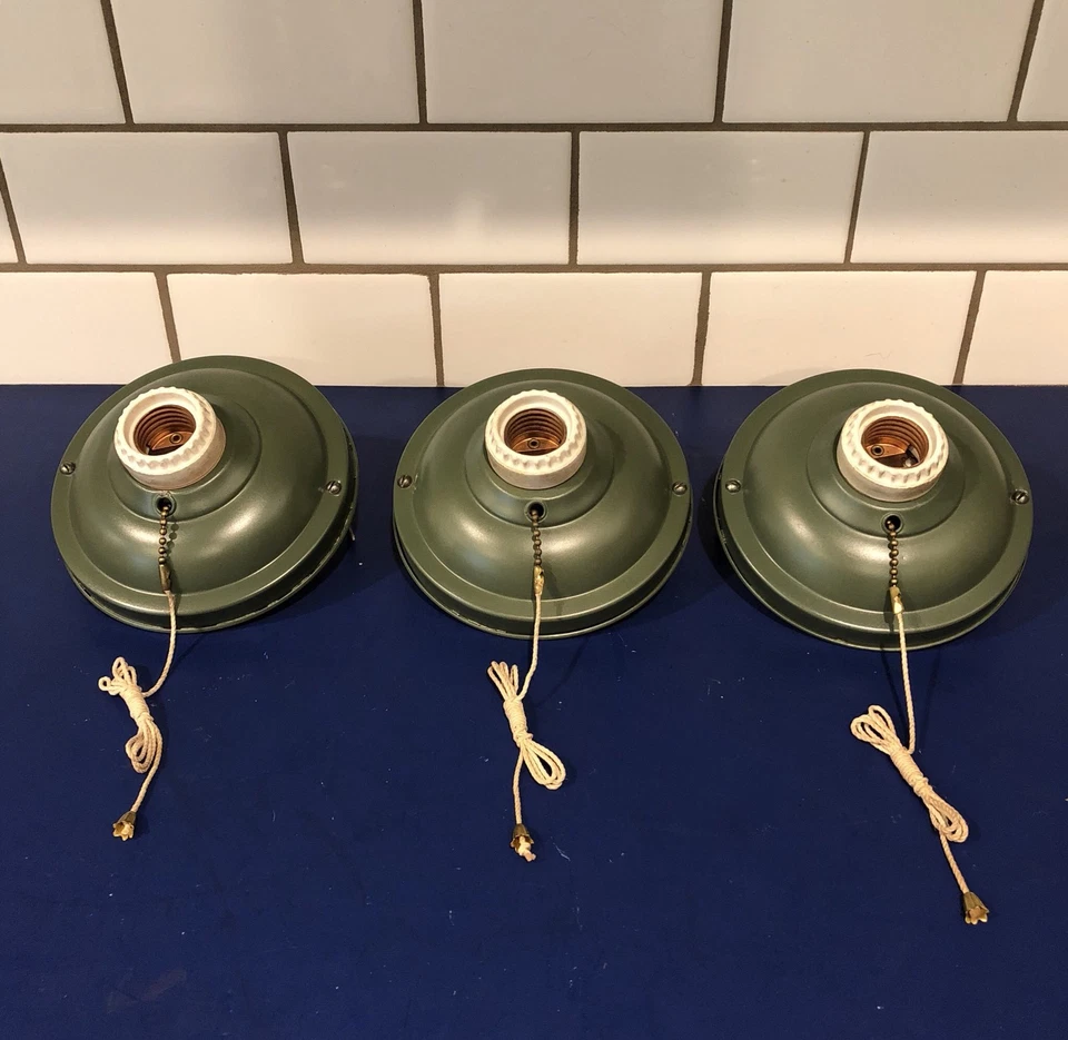 Wired Set Of 3 Antique Green Steampunk Flush Mount Fixtures 53E - Image 3 of 4