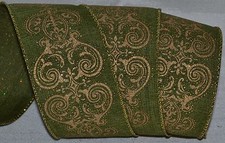 Wired Ribbon Moss Green Sparkle Gold Arabesque Holiday Wreath Gift Craft Bow