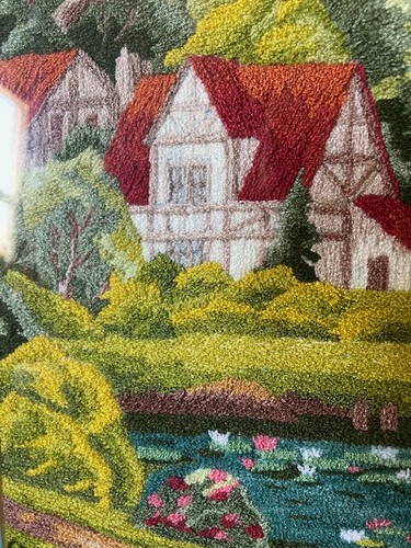 Vintage Hand Embroidered Village Scene With Swans Silk Embroidery Framed/Matted - Picture 3 of 11