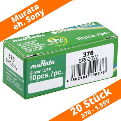 20 x Murata 376 SR626W SR66 eh. Sony Knopfzelle Uhren Batterie Knopfzelle 1,55V