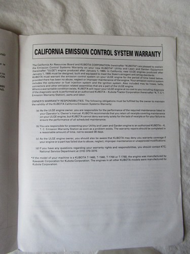 Kubota Emission Control Information Manual for Utility Lawn and Garden Tractors - Picture 3 of 8