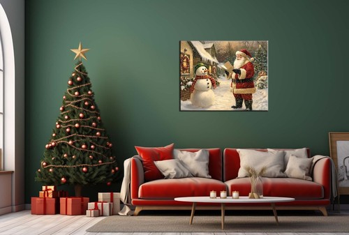 Papá Noel con muñeco de nieve decoración de Navidad, impresión Giclée, decoración navideña vintage - Imagen 6 de 8