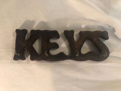 Vintage Wooden Key Shaped Key Rack Holder 4 Hooks 8