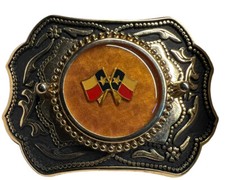 State of Texas Crossed Flags Belt Buckle Gold & Black W/Oval Made In USA