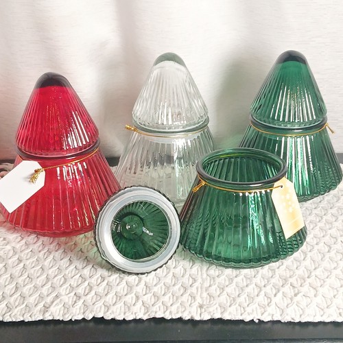 6" LOT of 4 Glass Christmas Tree Apothecary Canister Candy Jars Clear Green Red - Picture 2 of 12