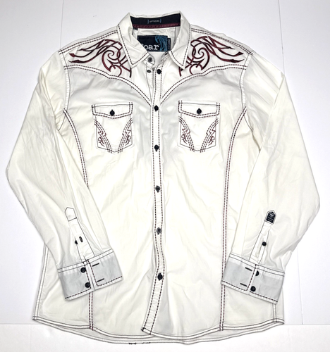 ROAR Shirt Mens Size 2XL Off White Western Button Embroidered Signature Shirt