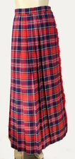 70s Vintage Wool Tartan Red Plaid Mod Fringe Pleated Wrap Around Maxi Skirt Sz S