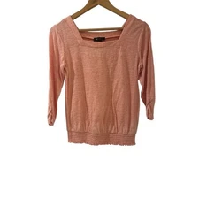 AB Studio Blouse Womens XS Pink 3/4 Sleeve Square Neck Top Elastic Hem Crepe