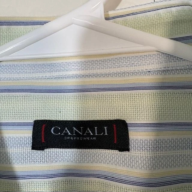 Camisa Canali Sportswear Para Hombres 2XL Azul Verde Rayas Manga Larga Vestido Algodón Foto 3 de 4