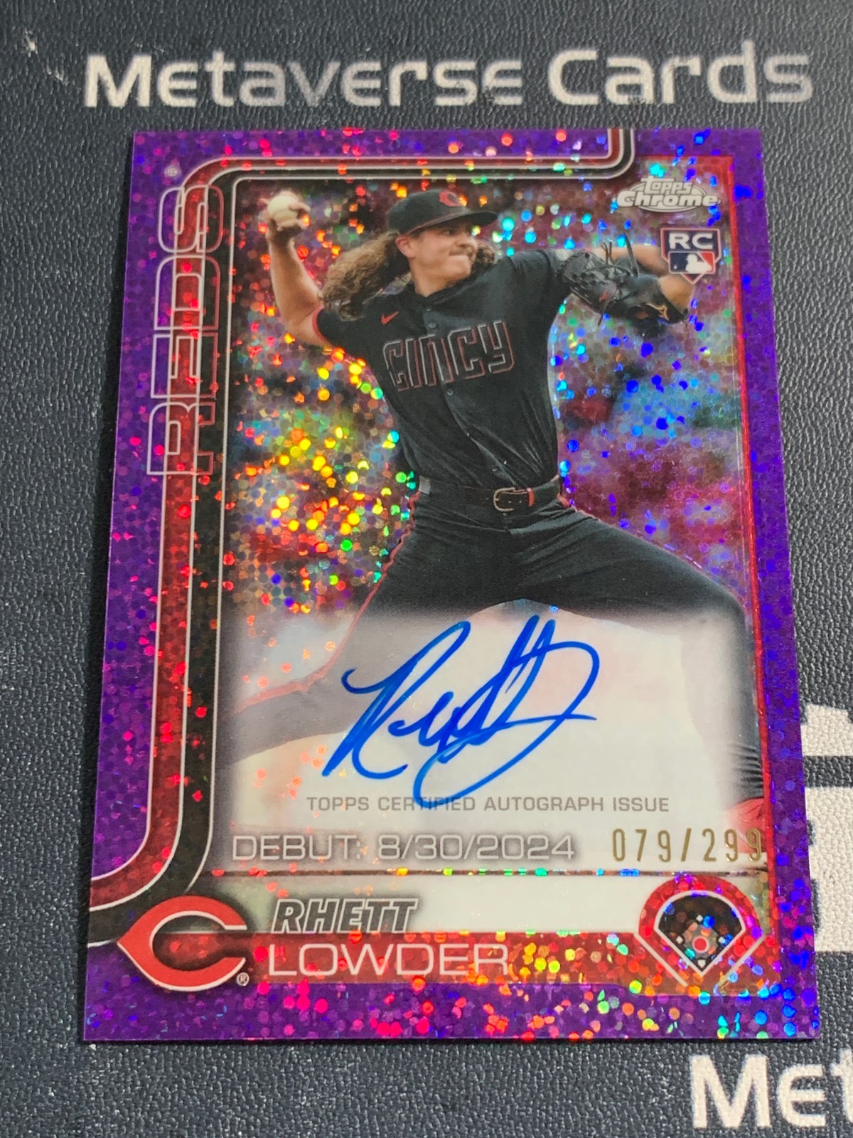 2025 Topps Chrome Rhett Lowder RC Rookie Debut Auto Purple Sparkle 79/299 Reds