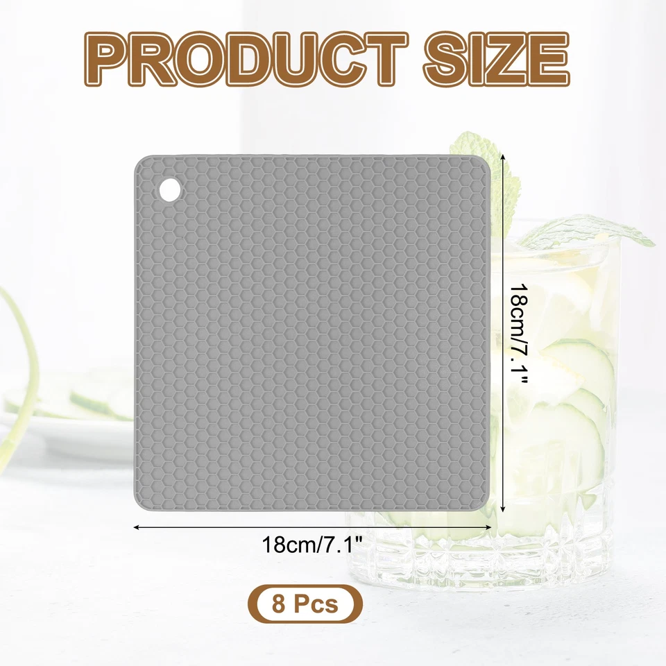 8 Pcs Silicone Trivets for Hot Dishes, 7.1"x7.1" Square Pot Holders Light Grey - Image 2 of 4