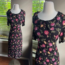 VTG 90s Y2K Shirt Dress Size 8 Floral Rayon Crinkle Collared Maxi Cottagecore