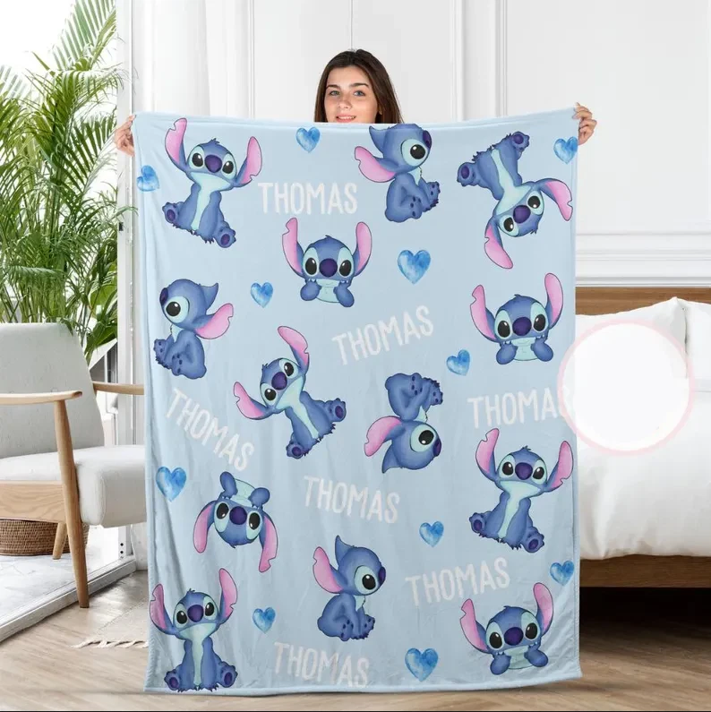 Personalized Disney Stitch Cute Poses Light Blue Cozy Fleece Blanket