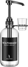 Clear Glass Mouthwash Dispenser with Black Cup Holder and Pump, 16 Oz