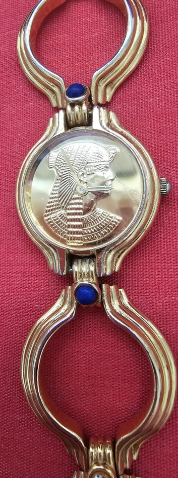RELOJ PULSERA CLEOPATRA VINTAGE FIRMADO FRANKLIN COMO NUEVO ENCHAPADO EN ORO 22K cabina de lapislázuli Foto 2 de 4