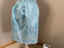 Vintage blue Gingham Apron Handmade Embroidered cross stitch