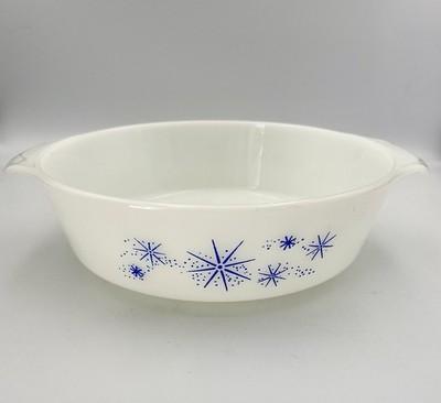 Vintage Fire-King Blue Atomic Starburst 430 2 Qt Milk Glass Casserole Dish MCM
