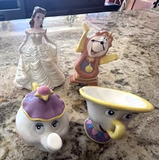 Schmid Disney Beauty & Beast Figurines Belle, Cogsworth Clock, Chip & Mrs Potts