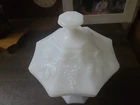 Vintage White Grape Milk Glass Pedestal Candy Dish with Lid