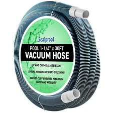 Swimming Pool Vacuum Hose 1-1/4" x 30-Ft, Swivel Cuff Kinkproof Design, Made ...