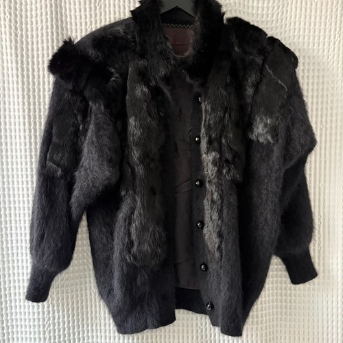 Vintage black angora rabbit fur cardigan sweater jacket 23" pit to pit