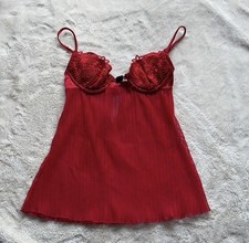 La Senza Y2K Red Sheer Babydoll Lingerie Pleated Mesh  Lace Detail Size Small