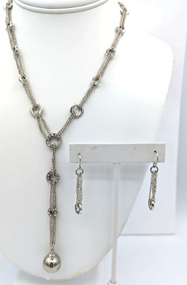 Vintage BIJOUX TERNER Necklace Earring Set Silver Tone Lariat Rhinestone