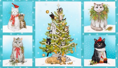 23'' Fabric Panel | Robert Kaufman Holly Jolly Christmas Cat Blocks Blue