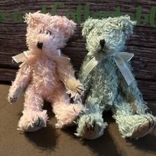 Miniature Fuzzy Joined Pink  Blue Teddy Bears Vintage Baby Shower or Display