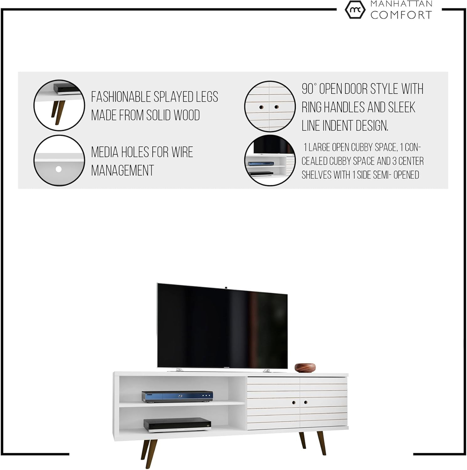 Mid Century Modern TV Stand with Cabinet & Shelves, Wood/White Finish