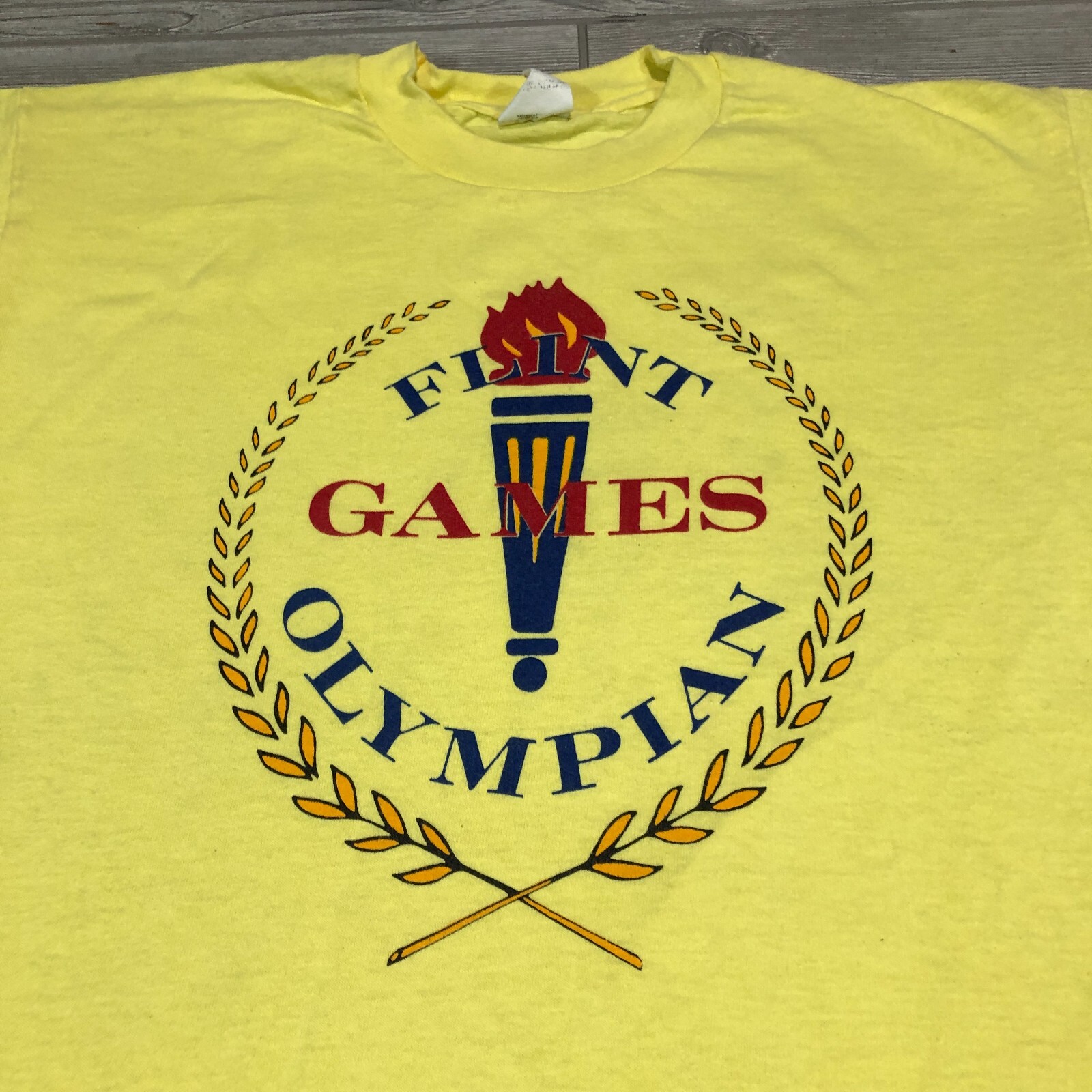 Flint Olympian Games Shirt Mens L Yellow Vintage 80s Michigan Canusa USA 5030