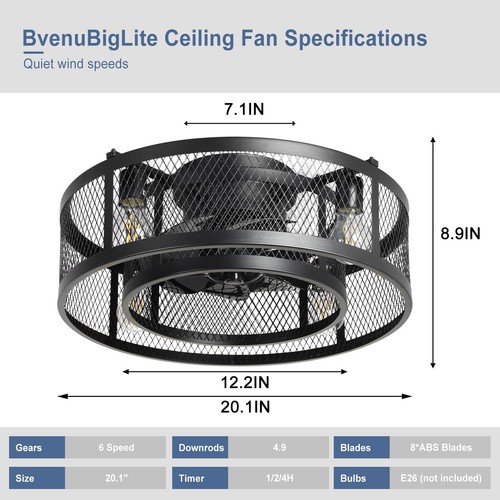 20'' Black Farmhouse Caged Ceiling Fan with Lights Remote Control Bladeless - Picture 13 of 28