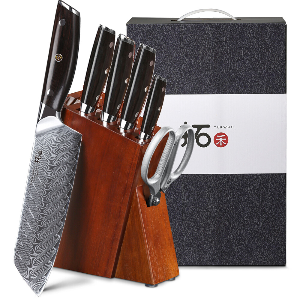7x TURWHO Küchen Messer Set Japanese VG10 Damaskus Stahl Koch Santoku Messerset