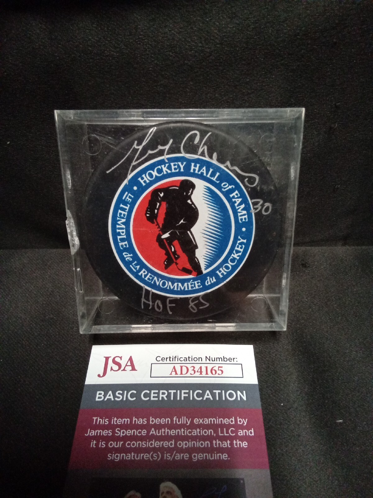 Gerry Cheevers Autographed Signed Boston Bruins Hall of Fame Hockey Puck JSA Certified COA - 1 # 