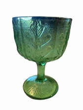 FTD 1975 Avocado Army Green Stemmed Glass Chalice Goblet Candy Dish w/Oak Leaf.