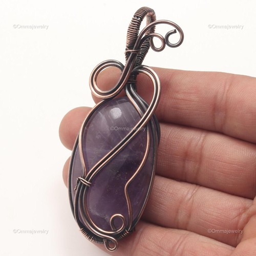 Amethyst Gemstone Handmade Jewelry Copper Gift For Mother Wire Wrap Pendant 3" - Picture 3 of 4