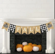 Fall Pumpkin Burlap Penant Flag Banner Plaid Black & White Home Decor