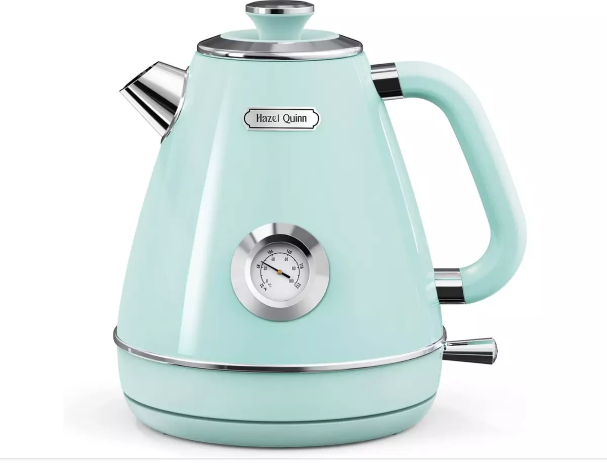 Hazel Quinn Retro Electric Kettle - 1.7 Liters / 57.5 Ounces Tea Kettle with Thermometer, All Stainless Steel, Fast Boiling 1200 W, BPA-Free, Cordless