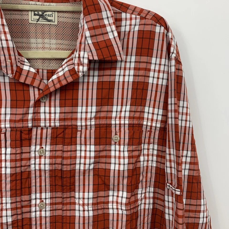 LL Bean Men XL Shirt Button Down Red White Checkered Plaid Nylon Blend Top - Image 3 of 4