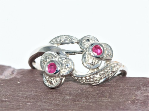 Sterling Silver 925 Natural Ruby & Diamond Flower Petal Twist Ring Size M - Picture 6 of 9