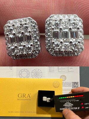 Men’s Moissanite Iced Silver Baguette Hip Hop Earrings Studs Passes Tester 