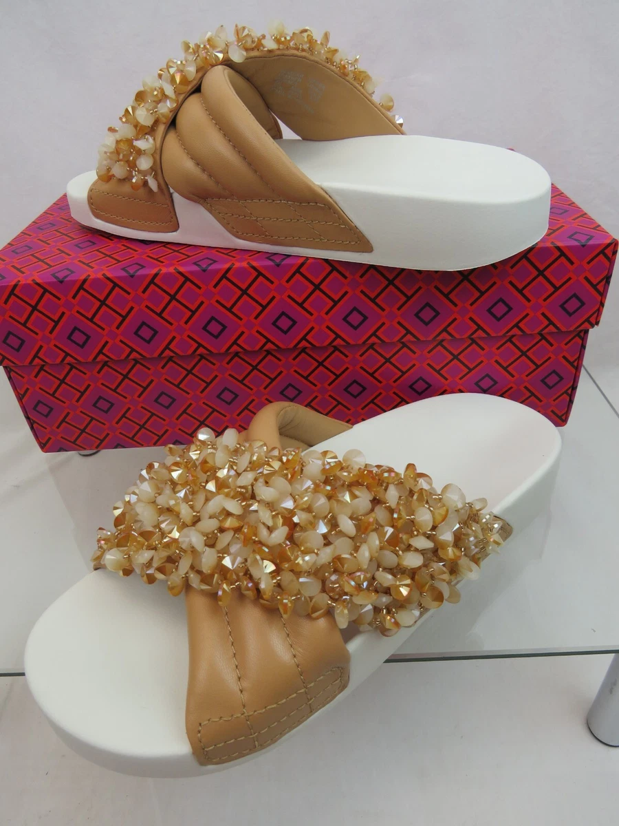 NIB TORY BURCH LOGAN EMBELLISHED BEADS NATURAL TAN ROSE LEATHER