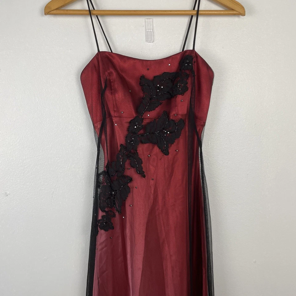 Maxi Vestido De Colección Y2K Malla Rojo Negro Talla 3/4 Cuentas Baile de graduación Babydoll Grunge Formal Foto 2 de 4