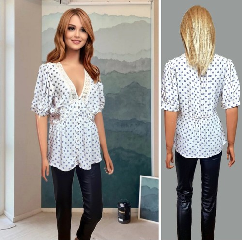MONSOON TOP GRÖSSE 14 ELFENBEIN + VIOLETT GEPUNKTET V-AUSSCHNITT SPITZENDETAIL PUFFÄRMEL #11