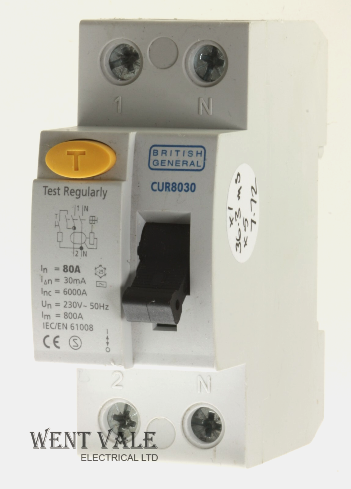 BG British General - CUR8030 - 80a 30mA Double Pole Class AC Mains Incoming RCD