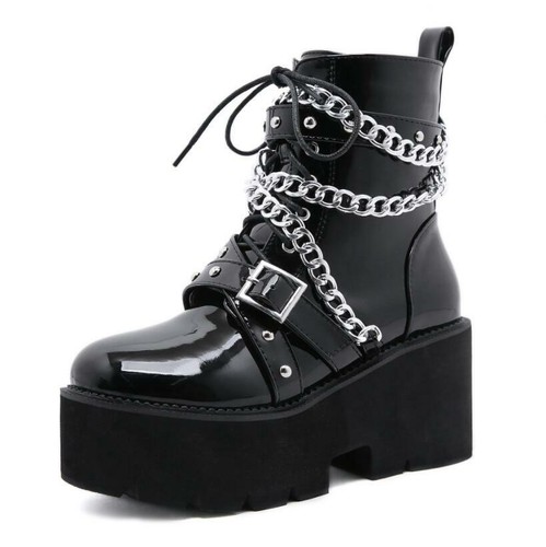 Gothic Women Platform Ankle Boots Chain Buckle Block Heels Round Toe Punk Shoes - Picture 6 of 12