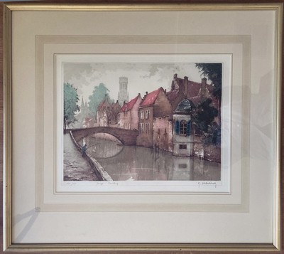 Brugge  Peerslebrug   Etching w/ Aquatint Signed  Roger Hebbelinck 154/350