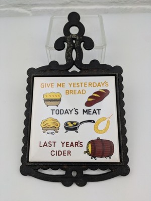 Give Me Yesterday's Bread Trivet Cast Iron Ceramic Tile Japan Vintage Kitchen